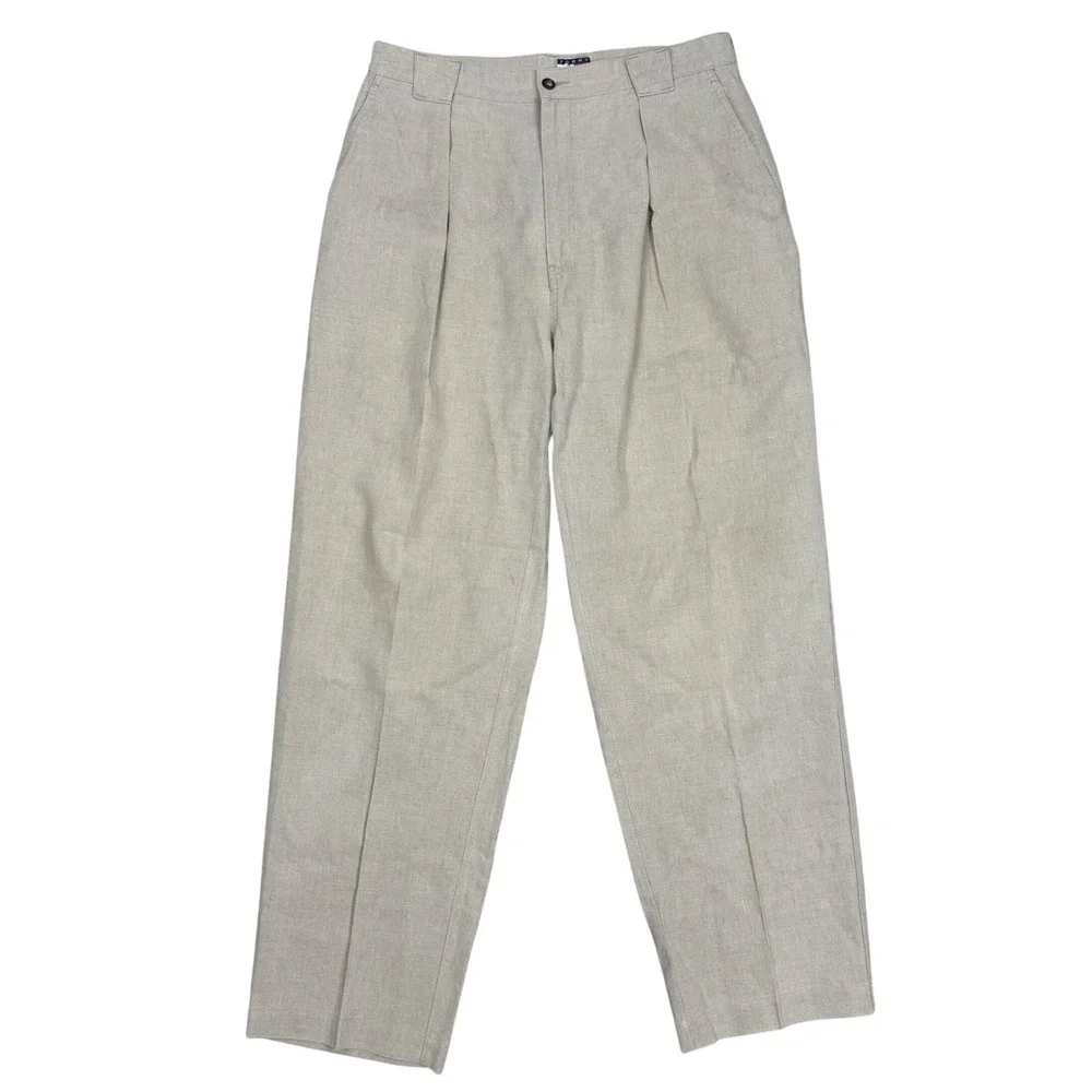 Tommy Hilfiger Pleated Pants 33x31 Linen Blend Trousers Beige Khaki Old Money